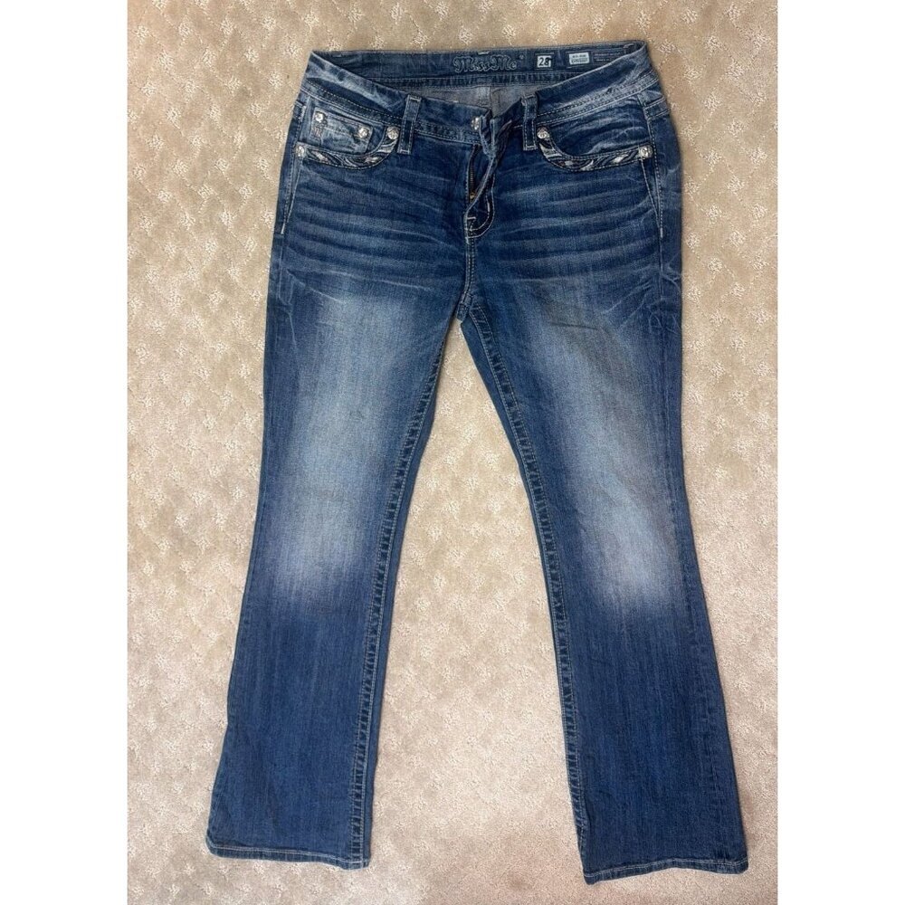 Miss Me Jeans Women's Size 28 Mid-Rise Easy Boot Cut Silver Fleur-de-Lis Bling